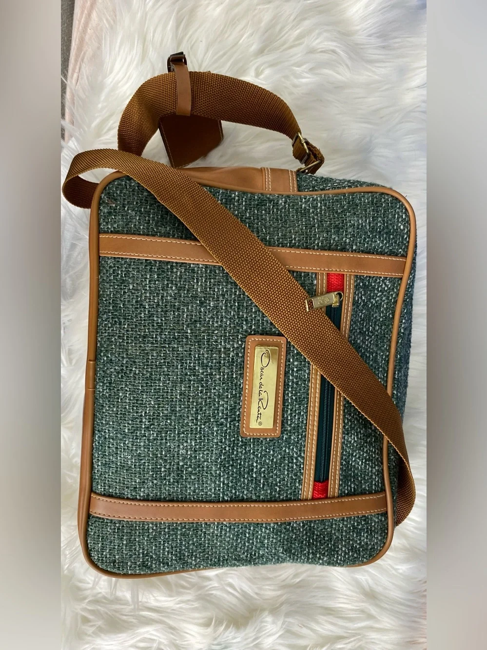 Oscar de la Renta Green Tweed Messenger with Tan Trim and Gold Hardware